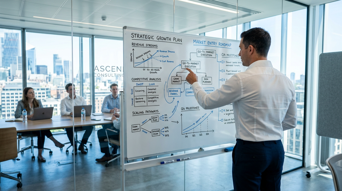 Consulente alla lavagna con piano strategico