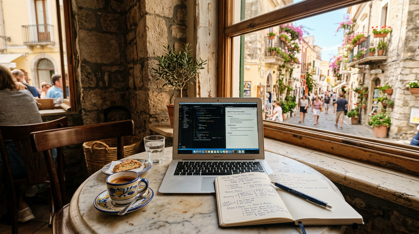 Caffè italiano con laptop e taccuino — spazio di lavoro