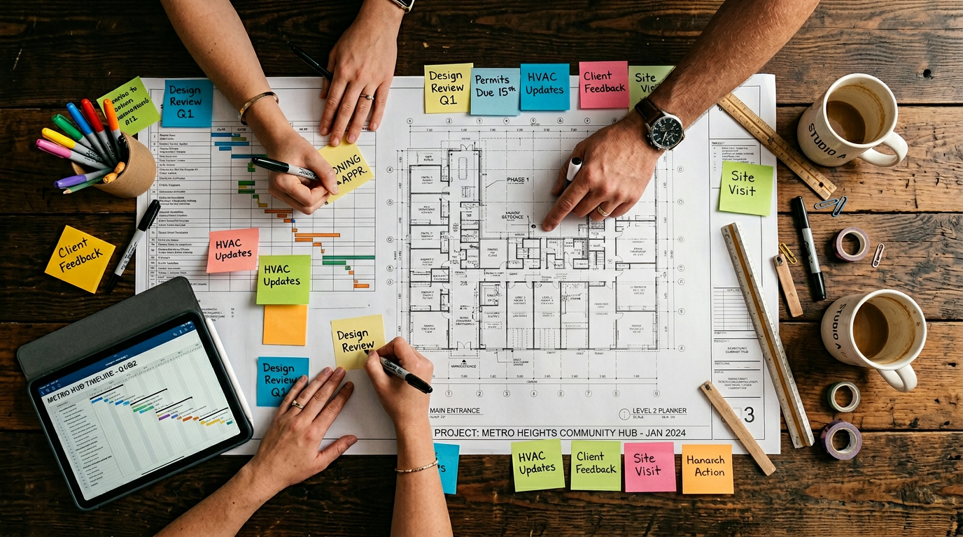 Pianificazione progetto con post-it e blueprints